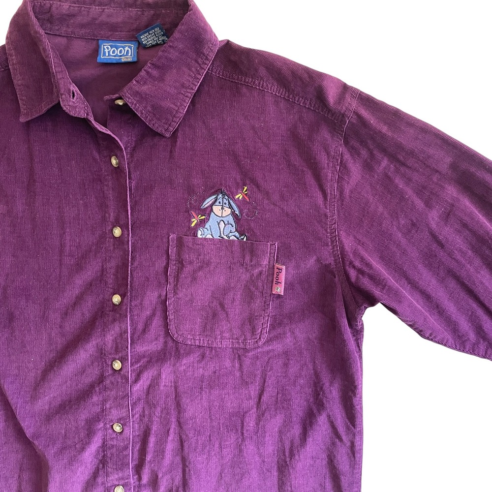Vintage‎ Disney Pooh Eeyore Corduroy Shirt Mens M Embroidered Purple Button Up